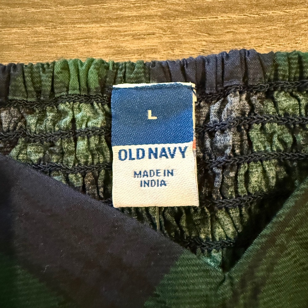 Old Navy Green Navy Plaid Puff Sleeve Peplum Top Sweetheart Neck Smocked Large - Picture 3 of 10